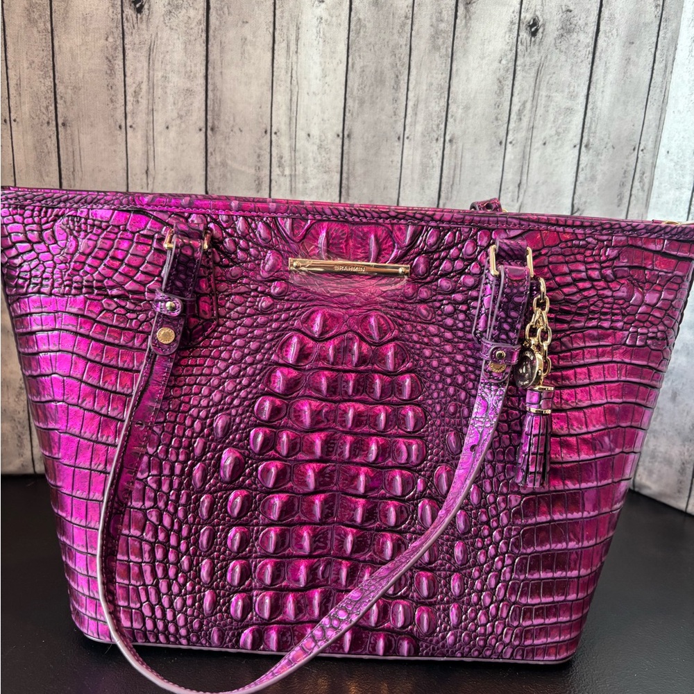 Brahmin Pink/Purple Crocodile-Embossed Medium Tote Bag with dust cover